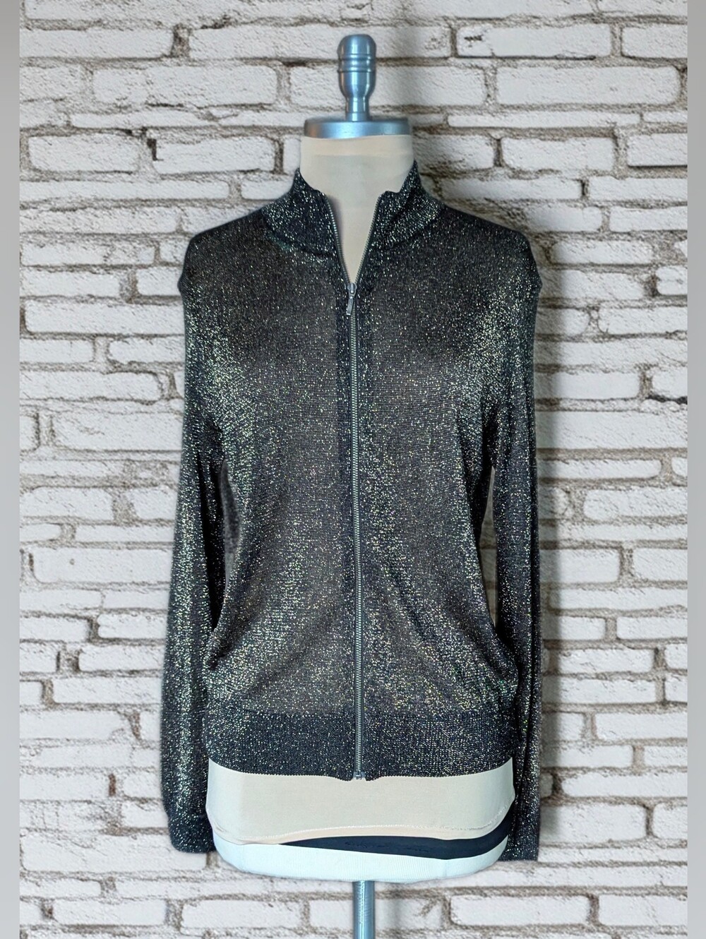 ATEEN Metallic Shimmer Full-Zip Knit Jacket | Mock Neck Size Medium